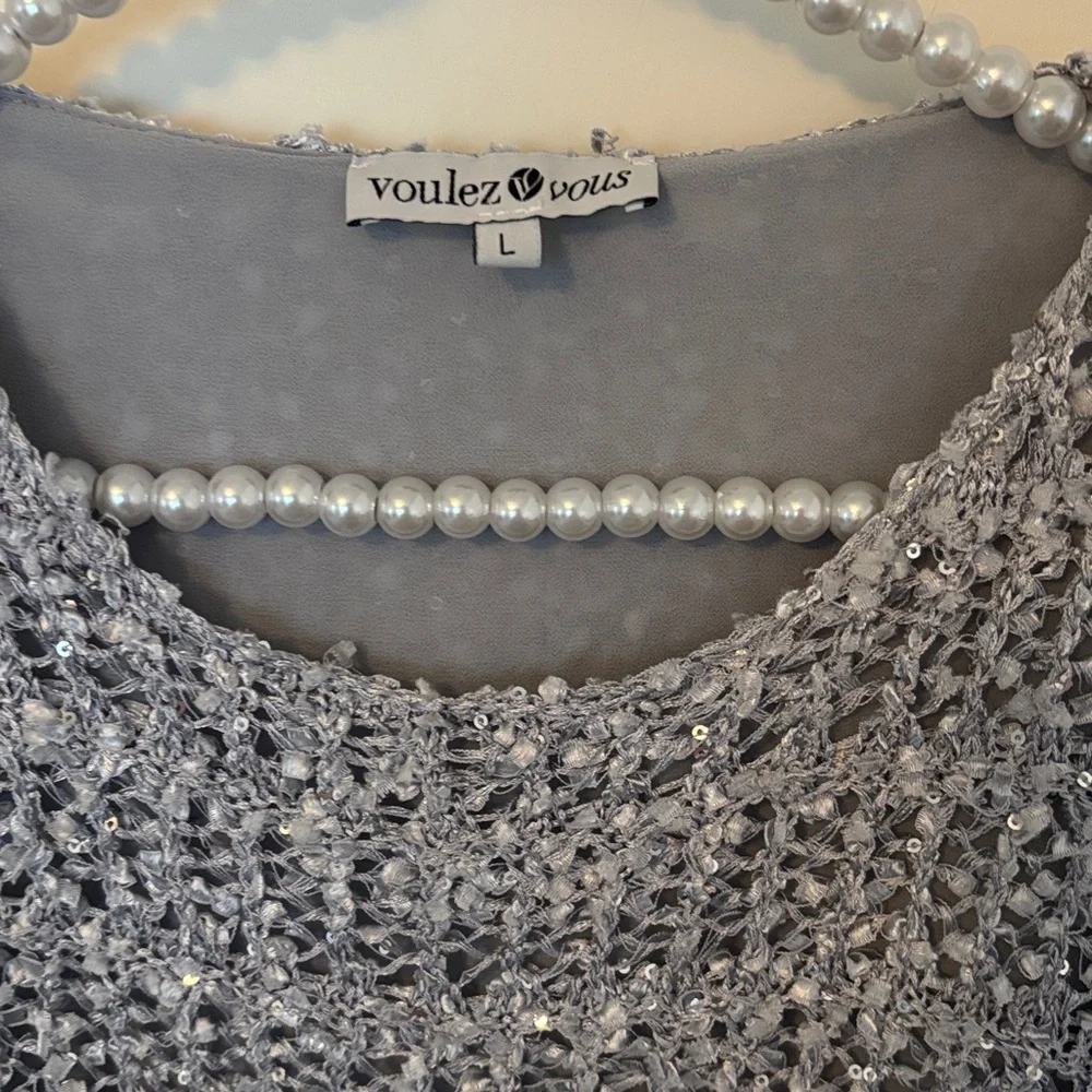 Ladies silver dressy Sweater. Sz L - Picture 2 of 12